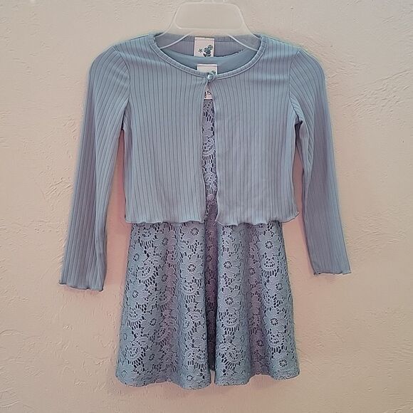 LULY BLEU DUSTY BLUE SLEEVELESS LACY FLORAL DRESS WITH CARDIGAN, SIZE 4 - Picture 2 of 8